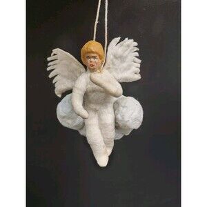 Papier Mache & Cotton Batting Christmas Ornament- 3" Angel On Clouds